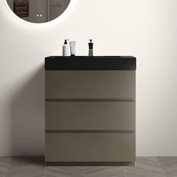 30 in. Single Sink Freestanding Gray Bath Vanity with Black Engineered Stone Top (Assembled), Handle-free Design
