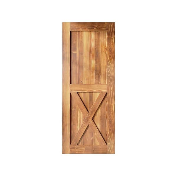 HOMACER 24 in. x 96 in. X-Frame Early American Solid Natural Pine Wood Panel Interior Sliding Barn Door Slab with Frame