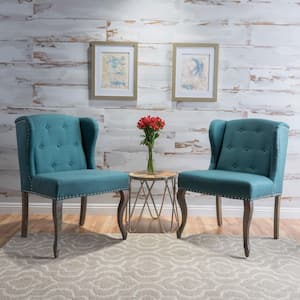 Niclas Button Back Dark Teal Fabric Winged Chairs with Stud Accents (Set of 2)