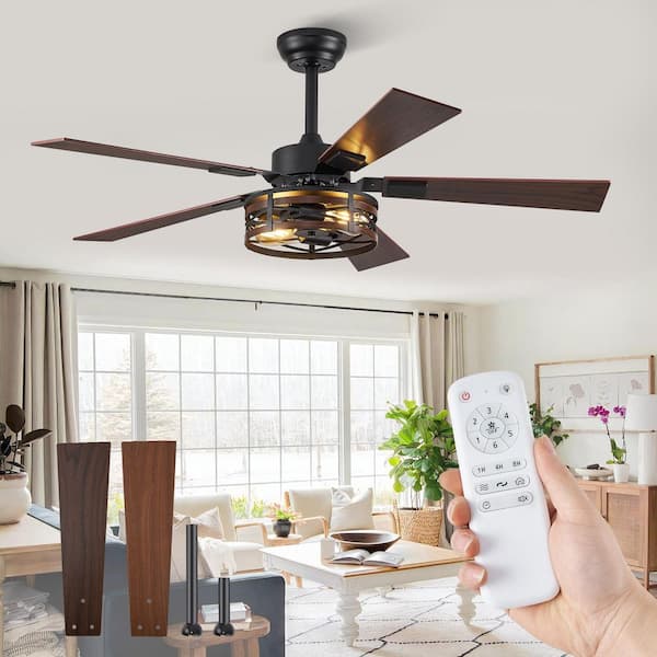 48 in. Indoor Black Farmhouse Dual Finish 5 Blades 6-Speed Rustic Caged Ceiling Fan with Light Kit and Remote Control