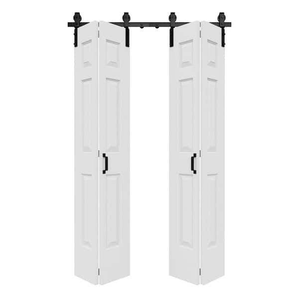 48 in. x 84 in. Paneled 6-Lite White Primed Hollow Core MDF Composite Bi-fold Door with Bifold Barn Door Hardware