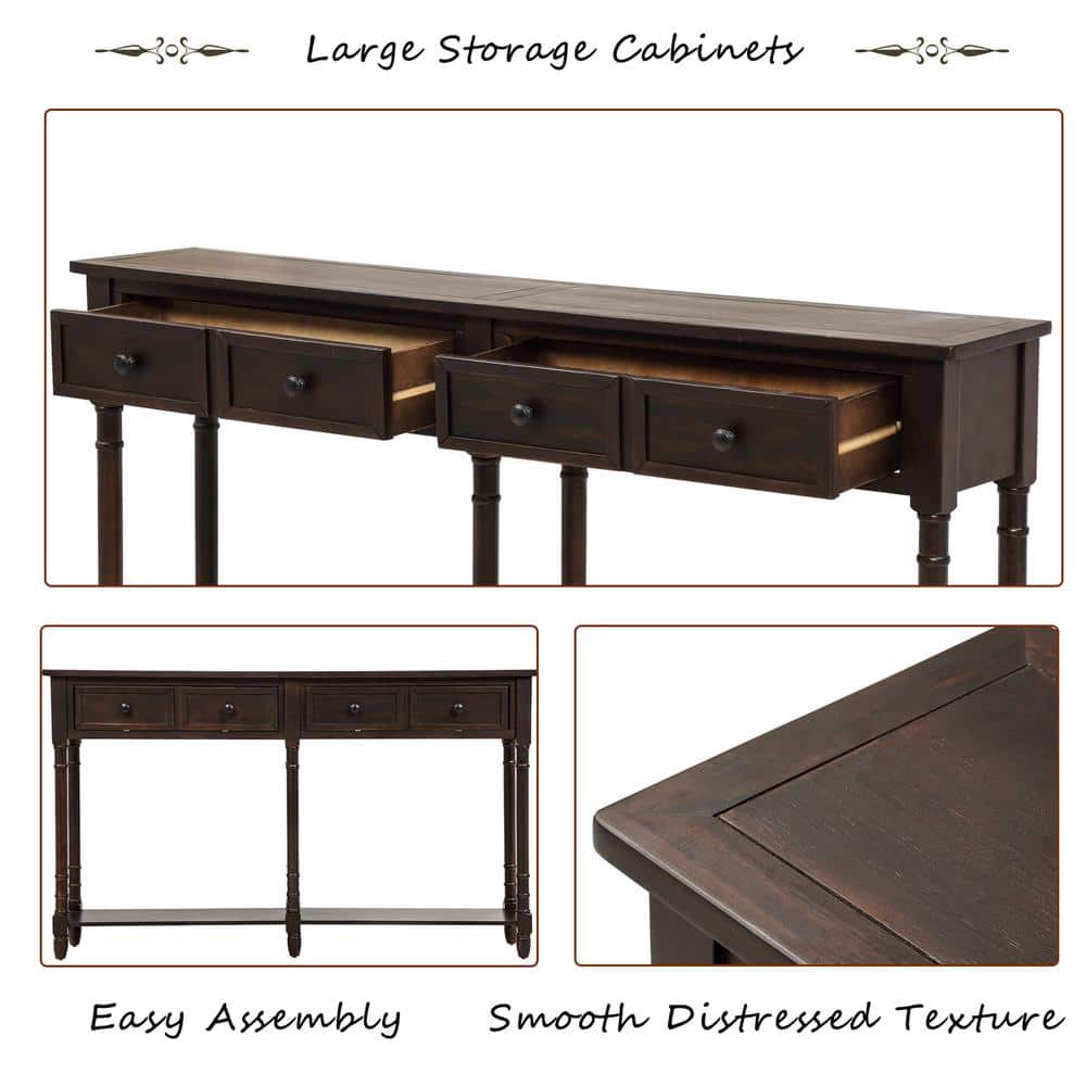 Espresso Pine Wood Console Table with Drawers and Shelf