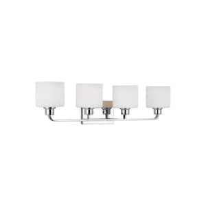 Canfield 31 in. 4-Light Chrome Minimalist Modern Wall Bathroom Vanity Light with Etched White Glass Shades and LED Bulbs