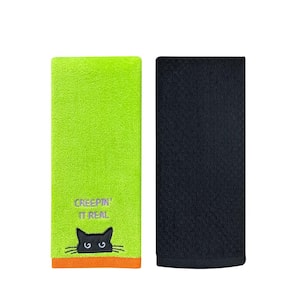 Halloween Embroidered Cotton Hand Towel 2-Piece Set Cat Creep Green