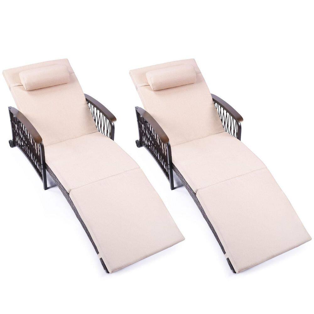 Chaise Lounge Set of 2 Wicker Rattan Outdoor Chaise Lounge with Khaki Cushions 5-Position Backrest&Wheels for Backyard price history on PriceWatchPro
