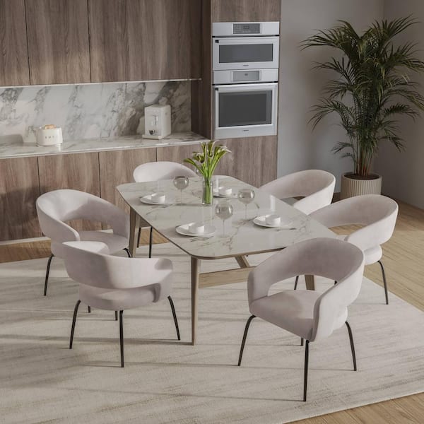 Leisuremod Dining Chair Upholstered in Velvet with Open Curved Backrest in Iron Gavin Collection in Beige Velvet (Set of 2)