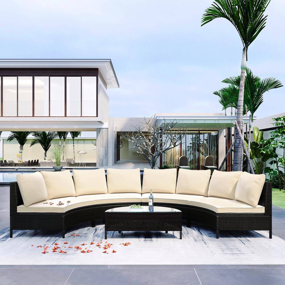 5-Pieces Black Wicker Outdoor Sectional Set with Tempered Glass Table Beige Cushions price history on PriceWatchPro