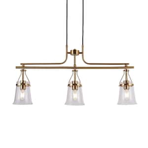 Modern 3-Light Black and Brass Island Chandelier for Dining Room with Bell Seeded Glass Shades and No Bulbs Included