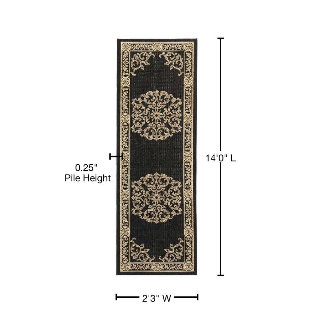 Black and Sand Floral Synthetic Outdoor Runner Rug
