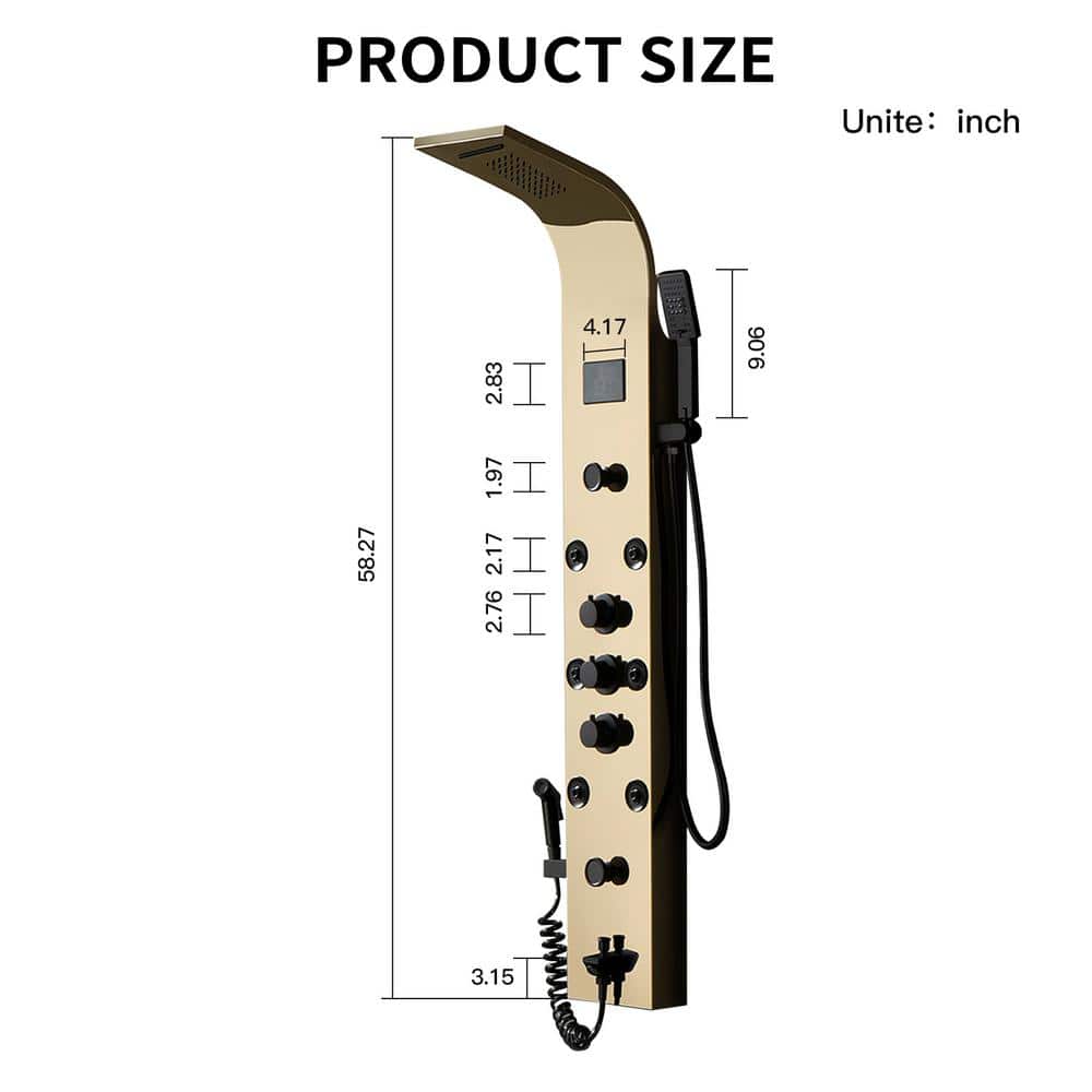 Gold and Black Brass 8-Jet Rainfall Shower Panel System