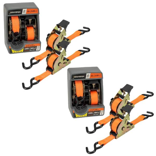 10 ft. x 1.5 in. Orange Retractable Ratchet Tie Down Straps with 1,000 lb. Safe Work Load - 4 Pack