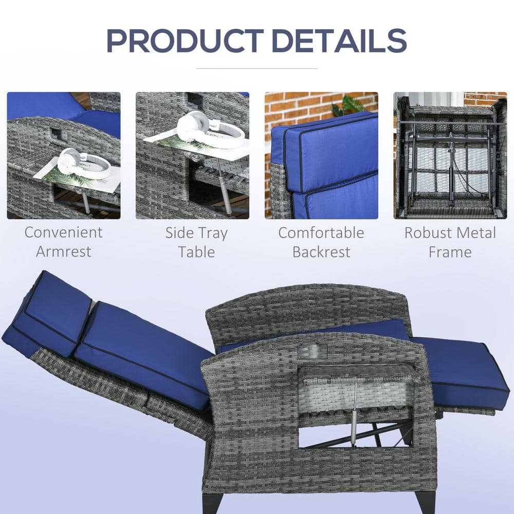 Dark Blue Wicker Reclining Outdoor Lounge Chair with Cushions