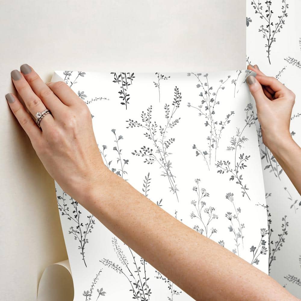 Black and White Wildflower Sprigs Peel and Stick Wallpaper