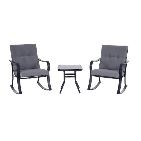 SUNRINX 3-Piece Patio Metal Outdoor Rocking Chair Set with Cushion (Gray)