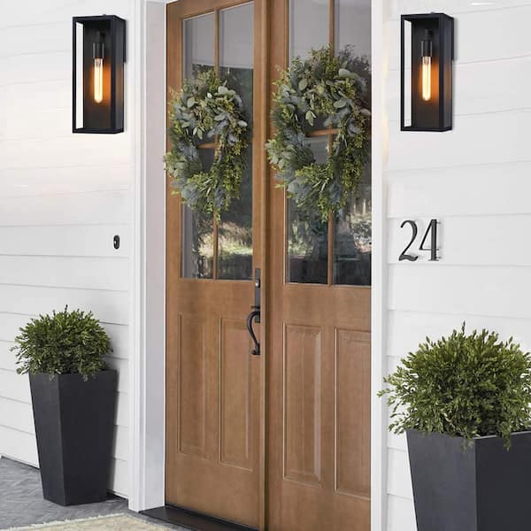 Cali 1-Light 16 in. Outdoor Dusk-To-Dawn Sensor Wall Lantern Sconce w/ Matte Black Finish and Clear Glass Shade（2-Pack）