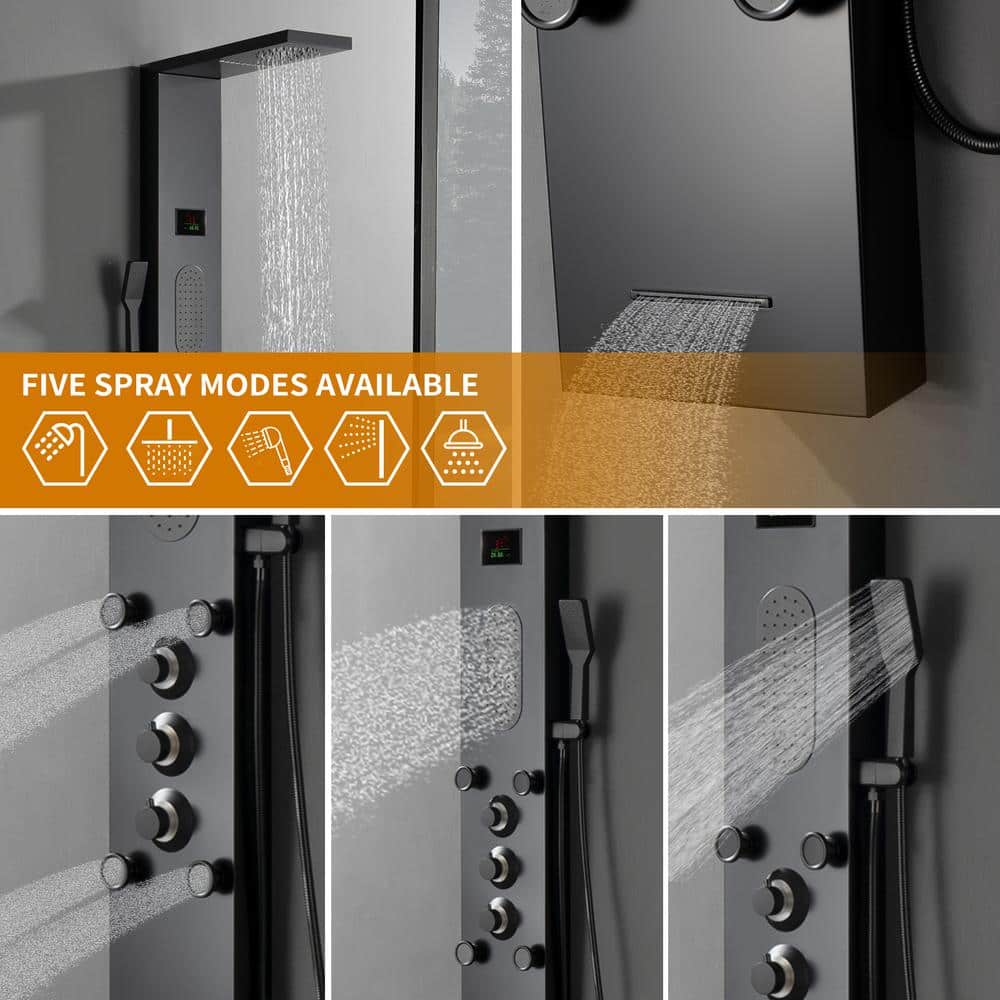 Matte Black LED Shower Panel with Brass Jets and Handheld