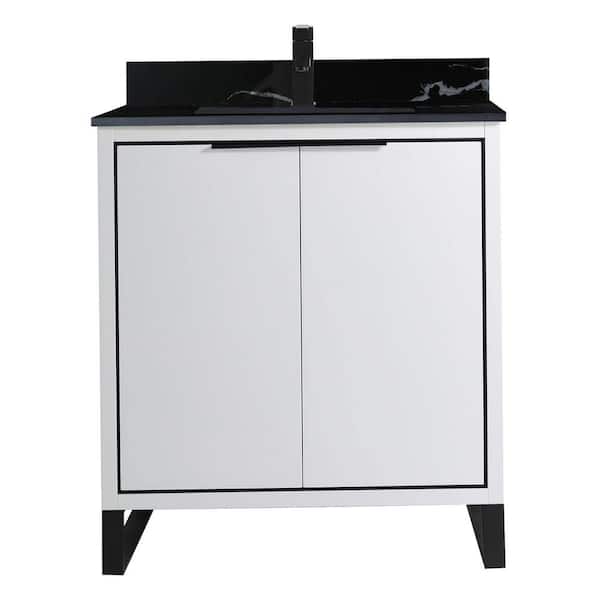 FINE FIXTURES Opulence 30 in. W x 18 in. D x 33.5 in. H Bath Vanity in White Matte with Black Marble Single sink Top