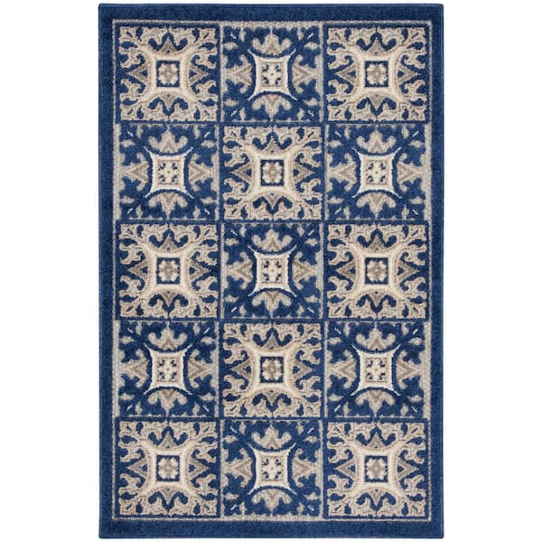 Nourison Aloha Blue doormat 3 ft. x 4 ft. Moroccan Boho Geometric Indoor/Outdoor Bathroom Area Rug