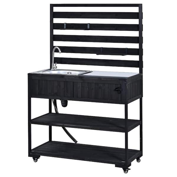 41.7'' Black Large Garden Potting Bench with Stainless Table Top, 2 Movable Shelves and 1 Bottle Opener