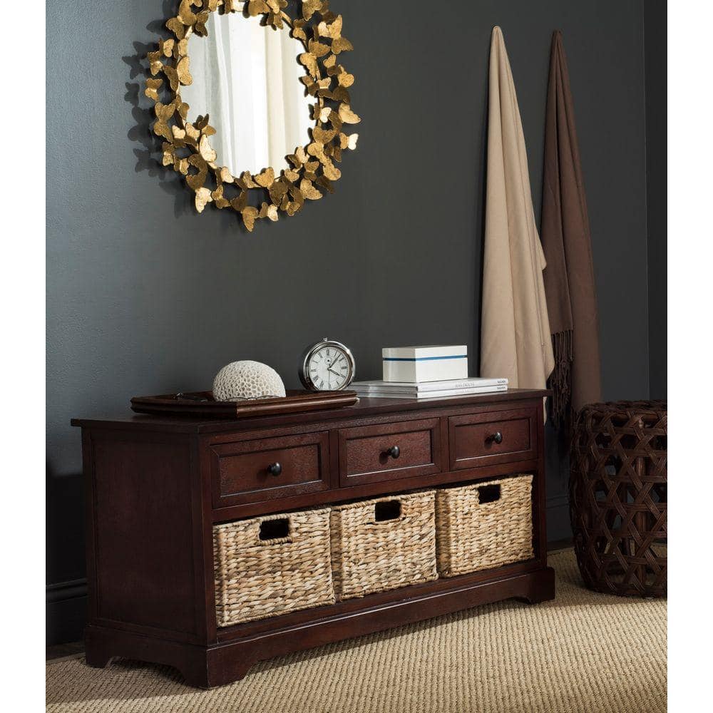 Transitional Damien Dark Cherry Pine Storage Bench with Wicker Baskets