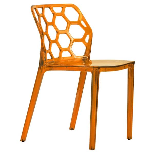 Leisuremod Dynamic Plastic Modern Honey Comb Design Kitchen and Dining Side Chair in Transparent Orange