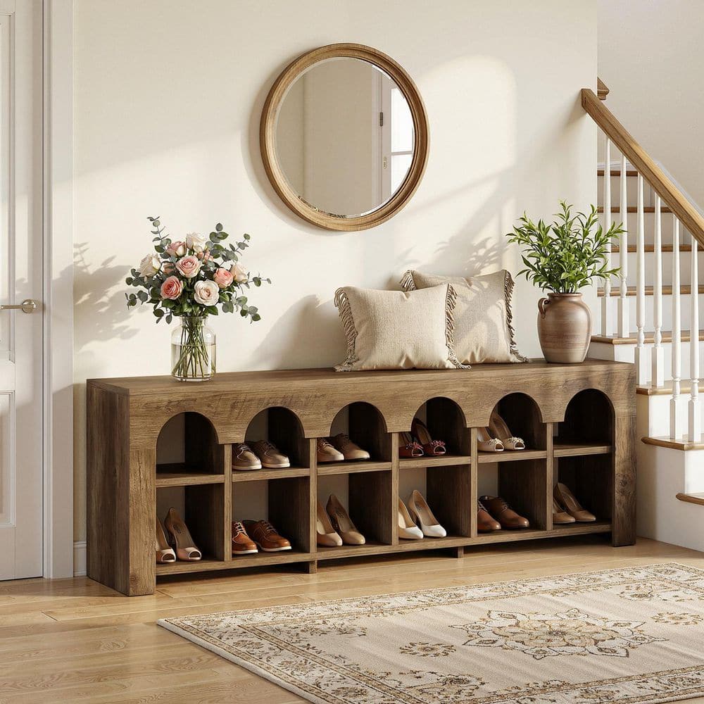 21.26 in. H x 63 in. W Brown Solid Wood Shoe Storage Bench