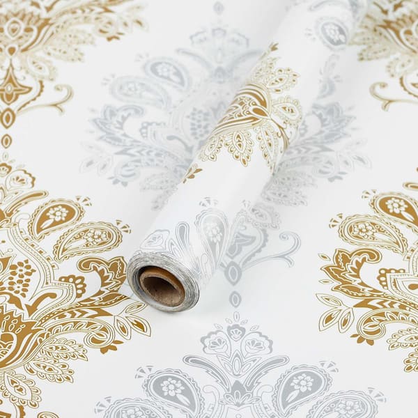 17.52 in. W x 118.11 in. L Peel and Stick Wallpaper Roll Gold and Silver Floral Vinyl Contact Paper for Bedroom, 2-Rolls
