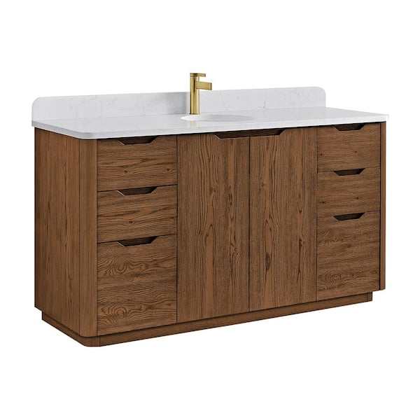 Abuja 60 in. W x 22 in. D x 33.9 in. H Single Bath Vanity in Oak Weathered Brown with White Engineered Stone Top