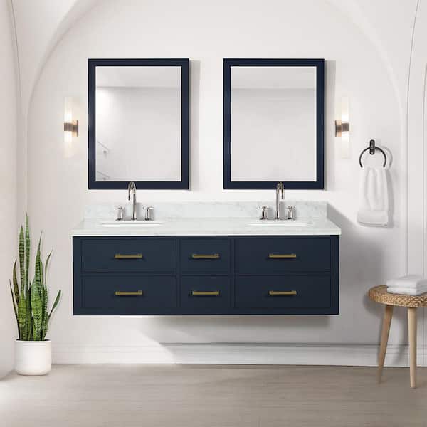 Lexora Sherman 60 in W x 22 in D Blue Double Bath Vanity and Carrara Marble Top