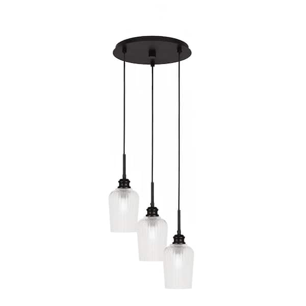 Unbranded Albany 60-Watt 12.25 in. 3-Light Espresso Cord Pendant Light Clear Textured Glass Shade