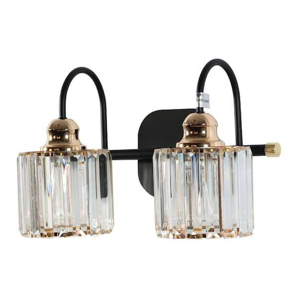 14.3 in. 2-Lights Black Bathroom Vanity Light Wall Fixture for Bathroom Mirror with Crystal Shades