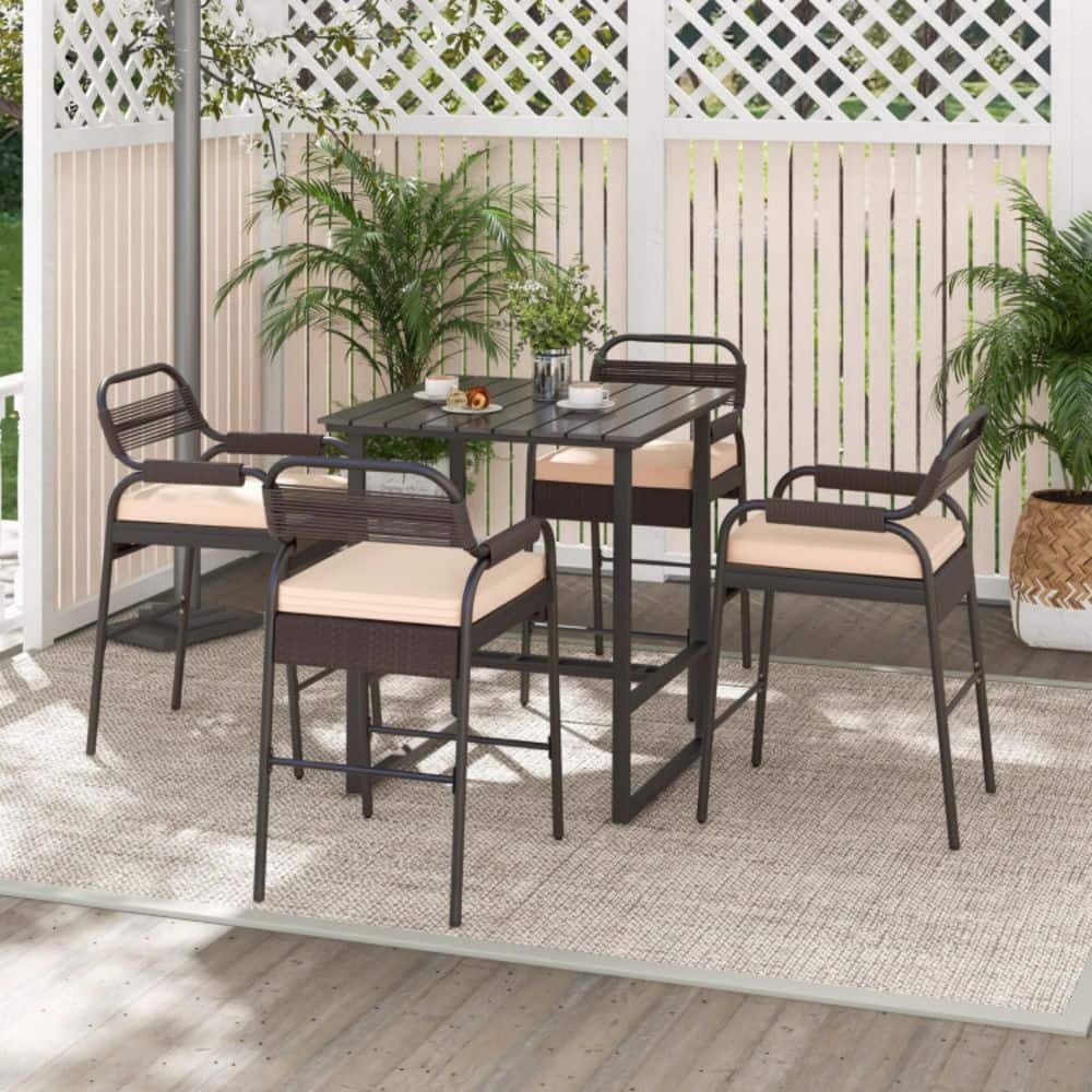 5-Piece PE Rattan Metal Bar Height Outdoor Dining Set Patio Bar Set with Beige Cushions, Polywood Bar Table price history on PriceWatchPro