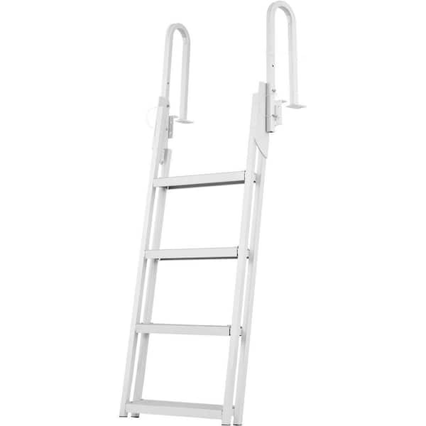 Dock Ladder Flip Up 4 Steps, Aluminum Pontoon Boat Extension Ladder with 4 in. Wide Step and Nonslip Rubber Mat