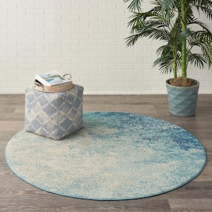 Passion Navy Light Blue 5 ft. x 5 ft. Abstract Contemporary Round Area Rug