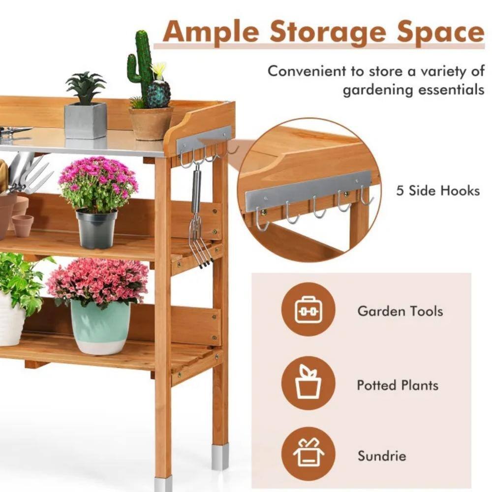 Natural Fir Wood Potting Bench with Galvanized Steel Top
