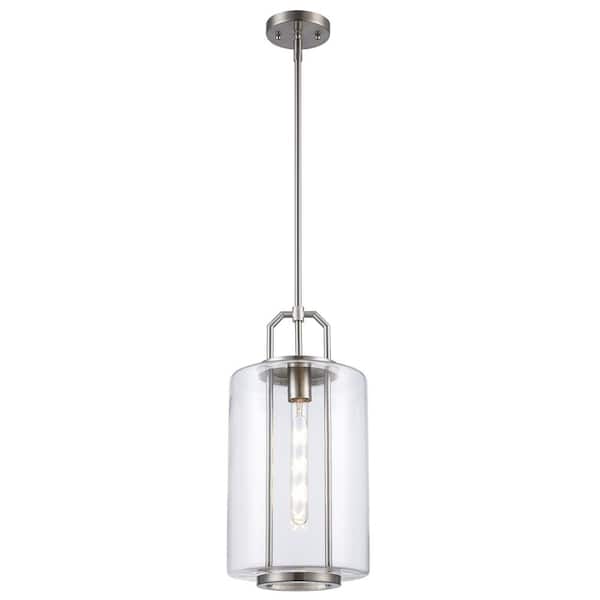 Rogue 9 in. 1-Light Brushed Nickel Mini Pendant Light Fixture with Clear Glass Shade