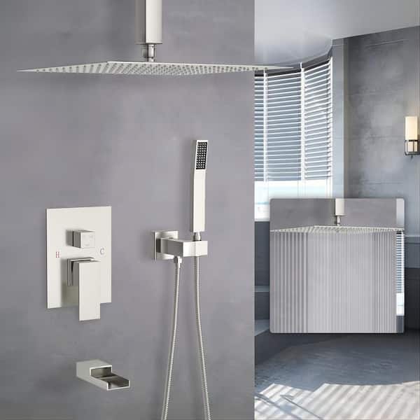 UPIKER 3-Spray 16 in. Square Shower System with Waterfall Tub Spout 1.8 GPM Ceiling Mount Shower Faucet in Brushed Nickel