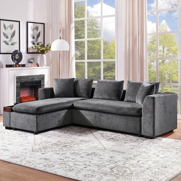 Trustworthy 93.7 in. Rolled Arm Chenille Upholstery L-Shaped Sectional Sofa in. Gray with Wooden Storage Compartment