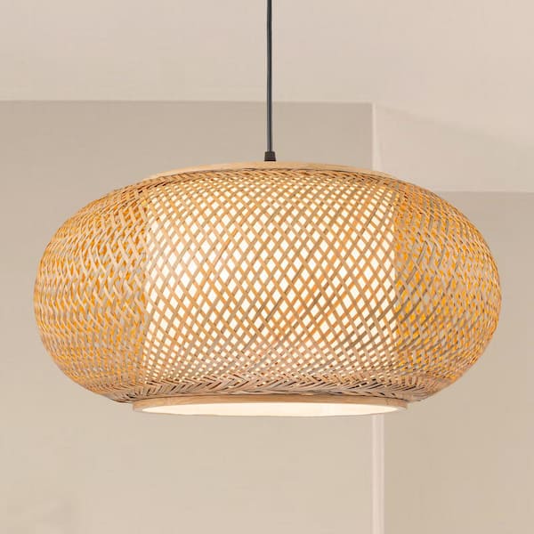 C Cattleya 60 -Watt 1-Light Black Oval Bamboo Pendant Light with Fabric Shade, No Bulbs Included