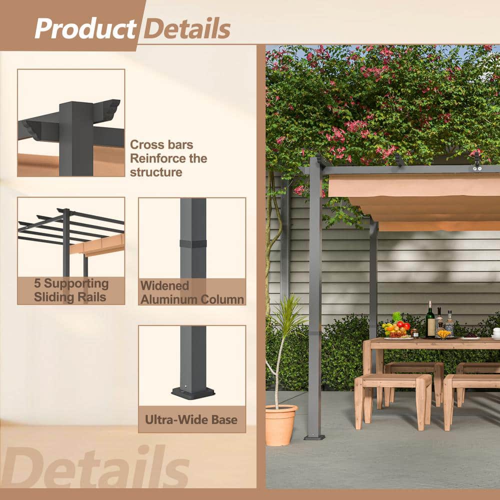 Khaki 10x10 Steel Patio Pergola with Retractable Canopy