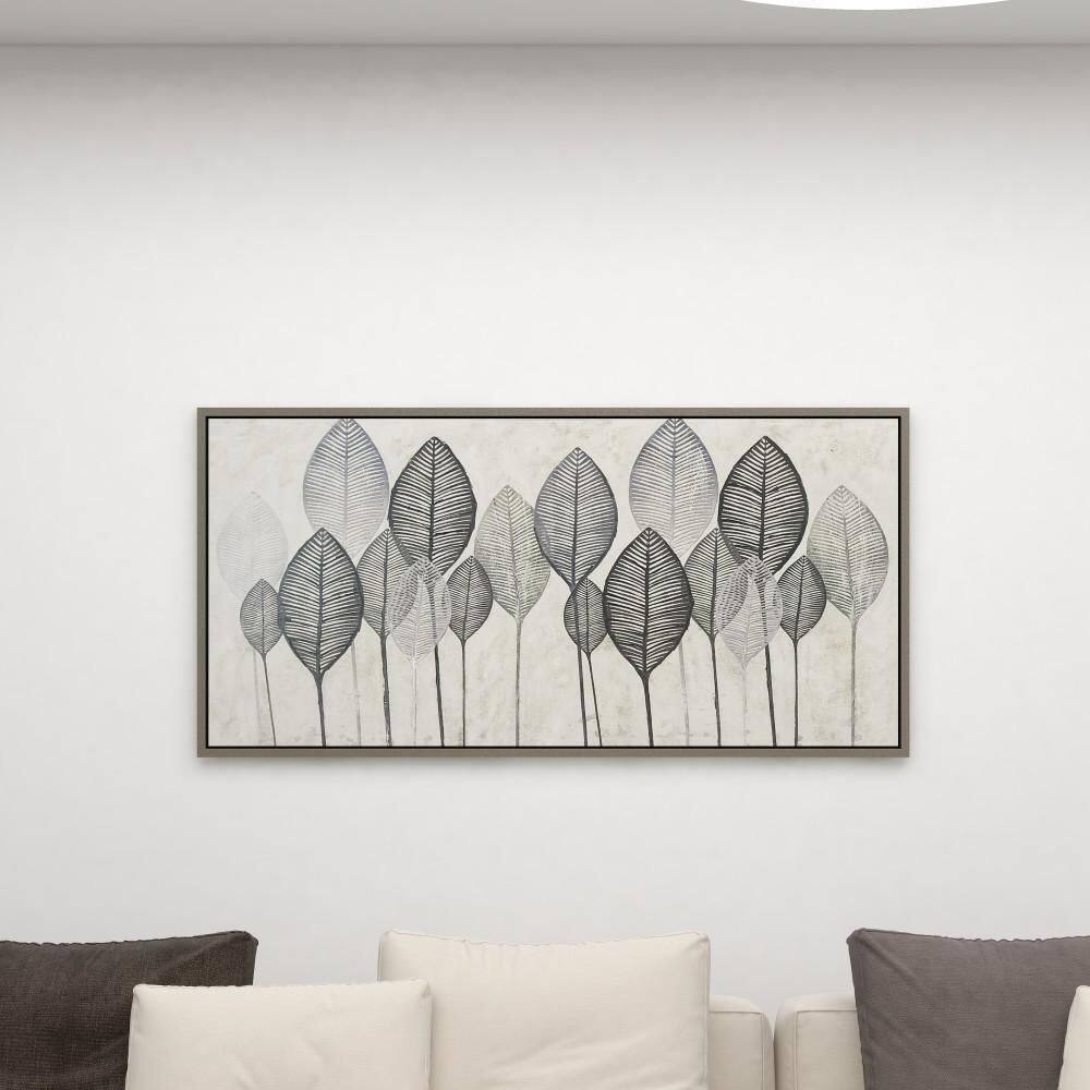 55" x 27" Black and White Leaf Canvas Wall Art with Silver Frame