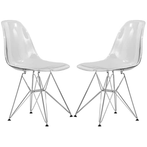 Leisuremod Cresco Modern Plastic Molded Dining Side Chair With Eiffel Chrome Legs Clear Set of 2