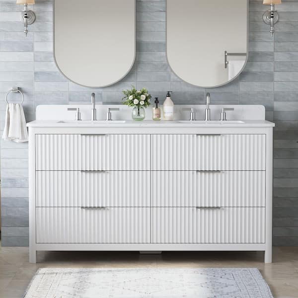 Gwen 61 in. Double Sink Freestanding White Bath Vanity with Carrara White Engineered Stone Top and Backsplash Assembled