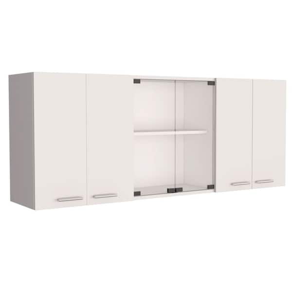 24 in. H White Wall Cabinet with 4-Doors, 2-Inner Shelves, Organizer, 2-Glass-Door Storage