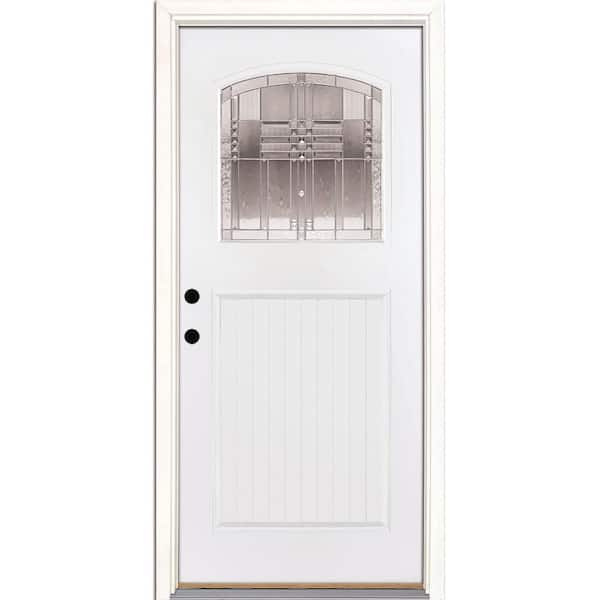 Feather River Doors 37.5 in. x 81.625 in. Monroe Zinc Craft Arch 1/4 Lite Painted White Mahogany RH Inswing Fiberglass Prehung Front Door