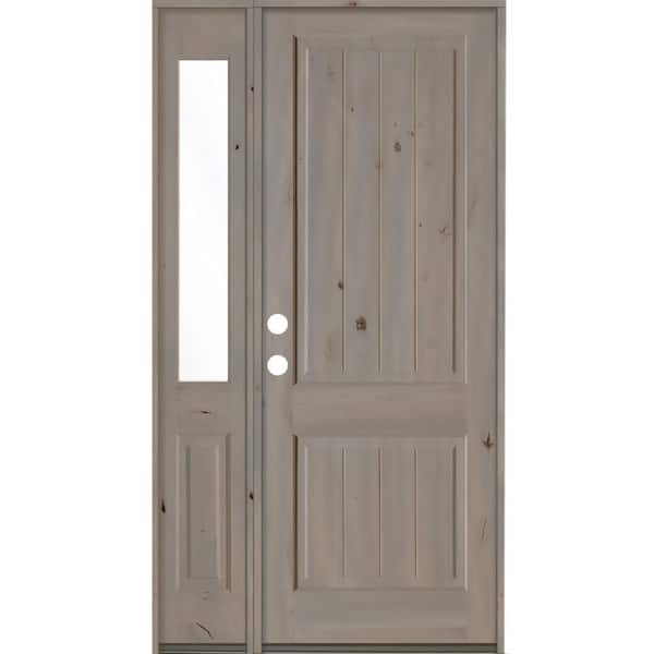Krosswood Doors 50 in. x 96 in. Rustic Knotty Alder 2 Panel Right-Hand/Inswing Clear Glass Grey Stain Wood Prehung Front Door w/Sidelite