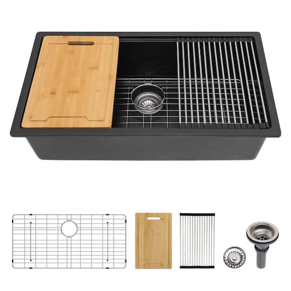 LORDEAR 33 in. Undermount Single Bowl Matte Black Quartz Composite Workstation Kitchen Sink with Cutting Board