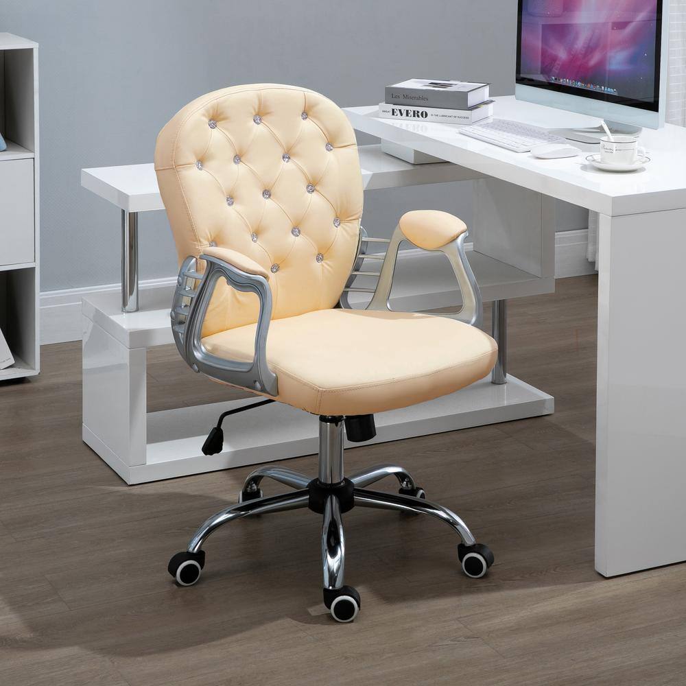Beige Tufted Leather Swivel Executive Office Chair