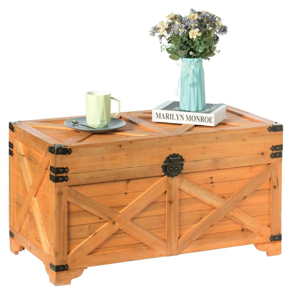 Large Natural Wood Farmhouse Storage Trunk Chest with Hinged Lid