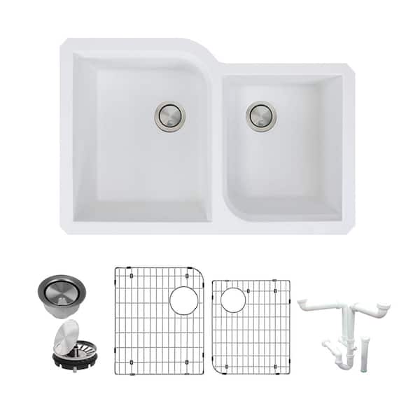 Transolid Radius All-in-One Undermount Granite 32 in. Double Offset Bowl Kitchen Sink in White
